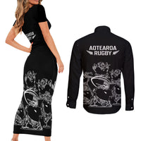 New Zealand Silver Fern Rugby Couples Matching Short Sleeve Bodycon Dress and Long Sleeve Button Shirt Haka Aotearoa Kiwi Dance LT14 - Polynesian Pride