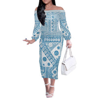 Blue Bula Fiji Family Matching Off The Shoulder Long Sleeve Dress and Hawaiian Shirt Unique Masi Tapa Pattern