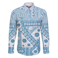 Blue Bula Fiji Family Matching Summer Maxi Dress and Hawaiian Shirt Unique Masi Tapa Pattern LT14 Dad's Shirt - Long Sleeve Blue - Polynesian Pride