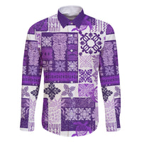 Hawaiian Quilt Family Matching Off Shoulder Short Dress and Hawaiian Shirt Tiki Tropical Retro Purple Version LT14 Dad's Shirt - Long Sleeve Purple - Polynesian Pride