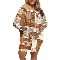 Hawaiian Quilt Off Shoulder Short Dress Tiki Tropical Retro Brown Version LT14 Women Brown - Polynesian Pride