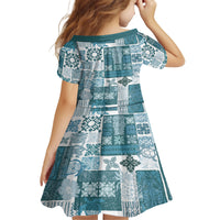 Hawaiian Quilt Kid Short Sleeve Dress Tiki Tropical Retro Dark Cyan Version LT14 - Polynesian Pride