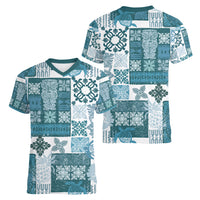Hawaiian Quilt Women V Neck T Shirt Tiki Tropical Retro Dark Cyan Version LT14 - Polynesian Pride