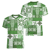Hawaiian Quilt Women V Neck T Shirt Tiki Tropical Retro Green Version LT14 - Polynesian Pride