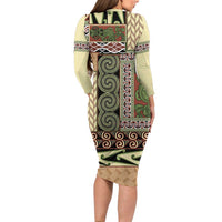 Beige Aotearoa Kowhaiwhai Pattern Family Matching Long Sleeve Bodycon Dress and Hawaiian Shirt NZ Maori Quilt Style LT14 - Polynesian Pride