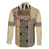 Beige Aotearoa Kowhaiwhai Pattern Family Matching Off The Shoulder Long Sleeve Dress and Hawaiian Shirt NZ Maori Quilt Style LT14 - Polynesian Pride