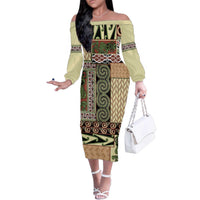 Beige Aotearoa Kowhaiwhai Pattern Family Matching Off The Shoulder Long Sleeve Dress and Hawaiian Shirt NZ Maori Quilt Style LT14 Mom's Dress Beige - Polynesian Pride