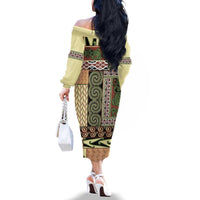 Beige Aotearoa Kowhaiwhai Pattern Family Matching Off The Shoulder Long Sleeve Dress and Hawaiian Shirt NZ Maori Quilt Style LT14 - Polynesian Pride