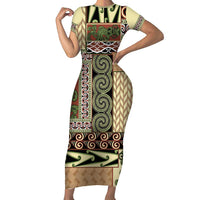 Beige Aotearoa Kowhaiwhai Pattern Family Matching Short Sleeve Bodycon Dress and Hawaiian Shirt NZ Maori Quilt Style LT14 Mom's Dress Beige - Polynesian Pride