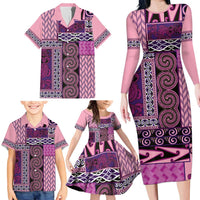 Pink Aotearoa Kowhaiwhai Pattern Family Matching Long Sleeve Bodycon Dress and Hawaiian Shirt NZ Maori Quilt Style LT14 - Polynesian Pride