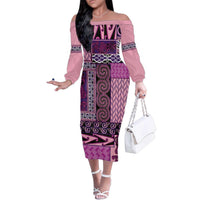 Pink Aotearoa Kowhaiwhai Pattern Family Matching Off The Shoulder Long Sleeve Dress and Hawaiian Shirt NZ Maori Quilt Style LT14 Mom's Dress Pink - Polynesian Pride