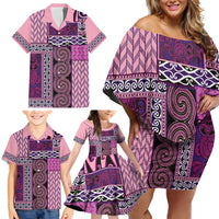 Pink Aotearoa Kowhaiwhai Pattern Family Matching Off Shoulder Short Dress and Hawaiian Shirt NZ Maori Quilt Style LT14 - Polynesian Pride