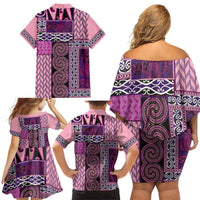 Pink Aotearoa Kowhaiwhai Pattern Family Matching Off Shoulder Short Dress and Hawaiian Shirt NZ Maori Quilt Style LT14 - Polynesian Pride