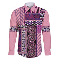 Pink Aotearoa Kowhaiwhai Pattern Family Matching Off Shoulder Short Dress and Hawaiian Shirt NZ Maori Quilt Style LT14 Dad's Shirt - Long Sleeve Pink - Polynesian Pride