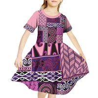 Pink Aotearoa Kowhaiwhai Pattern Kid Short Sleeve Dress NZ Maori Quilt Style LT14 - Polynesian Pride