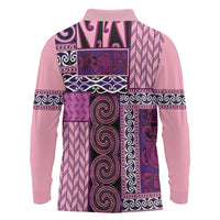 Pink Aotearoa Kowhaiwhai Pattern Long Sleeve Polo Shirt NZ Maori Quilt Style LT14 - Polynesian Pride
