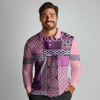 Pink Aotearoa Kowhaiwhai Pattern Long Sleeve Polo Shirt NZ Maori Quilt Style LT14 - Polynesian Pride