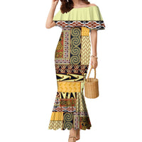 Yellow Aotearoa Kowhaiwhai Pattern Family Matching Mermaid Dress and Hawaiian Shirt NZ Maori Quilt Style LT14 Mom's Dress Yellow - Polynesian Pride