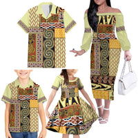 Yellow Aotearoa Kowhaiwhai Pattern Family Matching Off The Shoulder Long Sleeve Dress and Hawaiian Shirt NZ Maori Quilt Style LT14 - Polynesian Pride