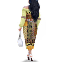 Yellow Aotearoa Kowhaiwhai Pattern Family Matching Off The Shoulder Long Sleeve Dress and Hawaiian Shirt NZ Maori Quilt Style LT14 - Polynesian Pride