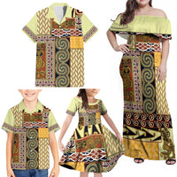 Yellow Aotearoa Kowhaiwhai Pattern Family Matching Off Shoulder Maxi Dress and Hawaiian Shirt NZ Maori Quilt Style LT14 - Polynesian Pride