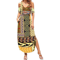 Yellow Aotearoa Kowhaiwhai Pattern Family Matching Summer Maxi Dress and Hawaiian Shirt NZ Maori Quilt Style LT14 Mom's Dress Yellow - Polynesian Pride