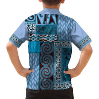 Blue Aotearoa Kowhaiwhai Pattern Family Matching Off The Shoulder Long Sleeve Dress and Hawaiian Shirt NZ Maori Quilt Style LT14 - Polynesian Pride