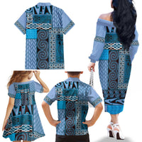 Blue Aotearoa Kowhaiwhai Pattern Family Matching Off The Shoulder Long Sleeve Dress and Hawaiian Shirt NZ Maori Quilt Style LT14 - Polynesian Pride