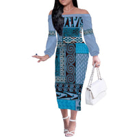 Blue Aotearoa Kowhaiwhai Pattern Family Matching Off The Shoulder Long Sleeve Dress and Hawaiian Shirt NZ Maori Quilt Style LT14 Mom's Dress Blue - Polynesian Pride