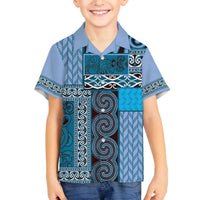 Blue Aotearoa Kowhaiwhai Pattern Family Matching Off The Shoulder Long Sleeve Dress and Hawaiian Shirt NZ Maori Quilt Style LT14 Son's Shirt Blue - Polynesian Pride