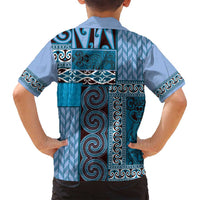 Blue Aotearoa Kowhaiwhai Pattern Family Matching Off Shoulder Maxi Dress and Hawaiian Shirt NZ Maori Quilt Style