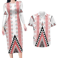 Aotearoa Taniko Couples Matching Long Sleeve Bodycon Dress and Hawaiian Shirt Niho Taniwha Purapura Whetu Mix Poutama LT14 White - Polynesian Pride