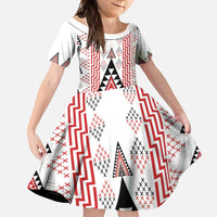 Aotearoa Taniko Family Matching Short Sleeve Bodycon Dress and Hawaiian Shirt Niho Taniwha Purapura Whetu Mix Poutama LT14 Daughter's Dress White - Polynesian Pride