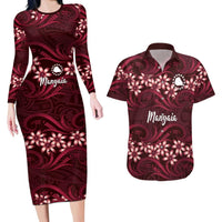 Personalised Cook Islands Mangaia Couples Matching Long Sleeve Bodycon Dress and Hawaiian Shirt Tiare Maori Polynesian Waves Tattoo LT14 Burgundy - Polynesian Pride