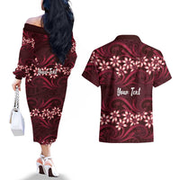 Personalised Cook Islands Mangaia Couples Matching Off The Shoulder Long Sleeve Dress and Hawaiian Shirt Tiare Maori Polynesian Waves Tattoo LT14 - Polynesian Pride
