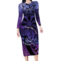 Philippines Father's Day Family Matching Long Sleeve Bodycon Dress and Hawaiian Shirt Polynesian Tattoo Galaxy Vibes LT14 Mom's Dress Blue - Polynesian Pride