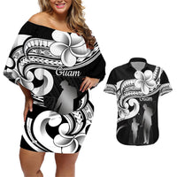 Guam Father's Day Couples Matching Off Shoulder Short Dress and Hawaiian Shirt Chamorro Latte Stone Polynesian Pattern LT14 Black - Polynesian Pride