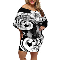 Guam Father's Day Off Shoulder Short Dress Chamorro Latte Stone Polynesian Pattern LT14 Women Black - Polynesian Pride