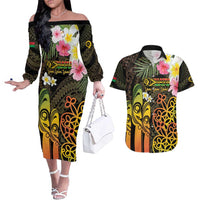 Personalised Vanuatu Independence Day Couples Matching Off The Shoulder Long Sleeve Dress and Hawaiian Shirt Carving Drum Sand Drawing Turtle