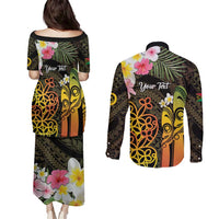 Personalised Vanuatu Independence Day Couples Matching Puletasi and Long Sleeve Button Shirt Carving Drum Sand Drawing Turtle