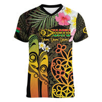Personalised Vanuatu Independence Day Women V-Neck T-Shirt Carving Drum Sand Drawing Turtle