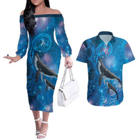 Paikea New Zealand Matariki Couples Matching Off The Shoulder Long Sleeve Dress and Hawaiian Shirt Humpback Whale Taniko Motifs Ocean Vibes LT14 Blue - Polynesian Pride