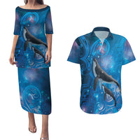 Paikea New Zealand Matariki Couples Matching Puletasi and Hawaiian Shirt Humpback Whale Taniko Motifs Ocean Vibes LT14 Blue - Polynesian Pride