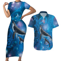 Paikea New Zealand Matariki Couples Matching Short Sleeve Bodycon Dress and Hawaiian Shirt Humpback Whale Taniko Motifs Ocean Vibes LT14 Blue - Polynesian Pride