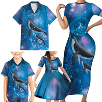 Paikea New Zealand Matariki Family Matching Short Sleeve Bodycon Dress and Hawaiian Shirt Humpback Whale Taniko Motifs Ocean Vibes LT14 - Polynesian Pride