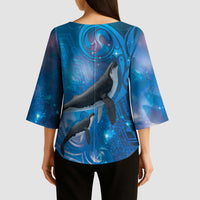 Paikea New Zealand Matariki Kimono Sleeve Blouse Humpback Whale Taniko Motifs Ocean Vibes