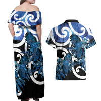 Piwakawaka New Zealand Matariki Couples Matching Off Shoulder Maxi Dress and Hawaiian Shirt Maori New Year Silver Fern Blue Galaxy LT14 - Polynesian Pride