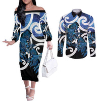 Piwakawaka New Zealand Matariki Couples Matching Off The Shoulder Long Sleeve Dress and Long Sleeve Button Shirt Maori New Year Silver Fern Blue Galaxy LT14 Blue - Polynesian Pride