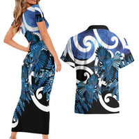 Piwakawaka New Zealand Matariki Couples Matching Short Sleeve Bodycon Dress and Hawaiian Shirt Maori New Year Silver Fern Blue Galaxy LT14 - Polynesian Pride