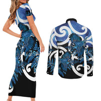 Piwakawaka New Zealand Matariki Couples Matching Short Sleeve Bodycon Dress and Long Sleeve Button Shirt Maori New Year Silver Fern Blue Galaxy LT14 - Polynesian Pride